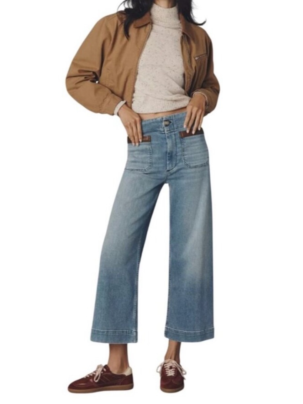 Maeve Colette Wide Leg Patch Pocket Cropped Ankle Jeans Faux Leather Trim 28